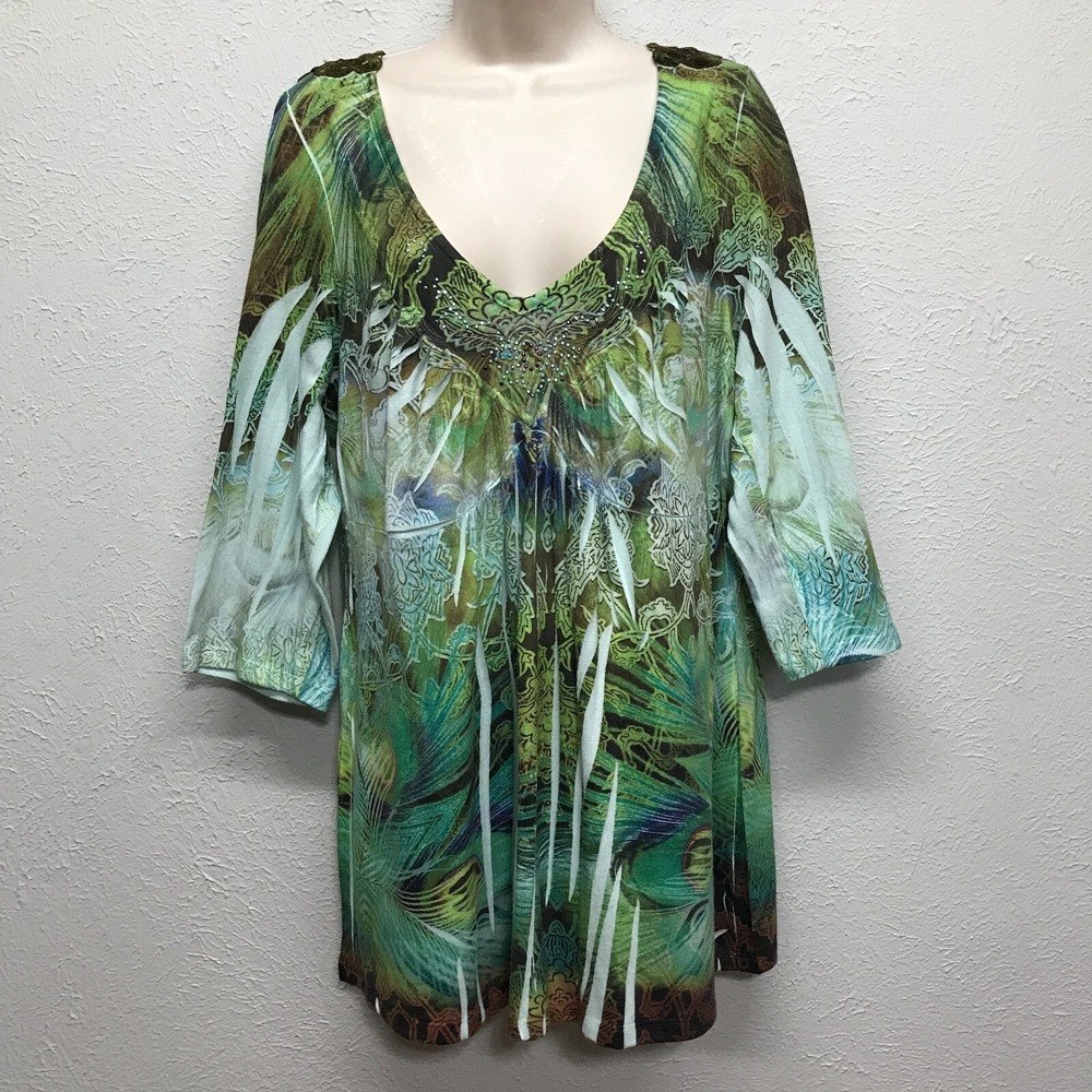 One World Tunic Top Sweater Womens Plus 1X Peacock Feathers 3/4 Sleeve Lace Back